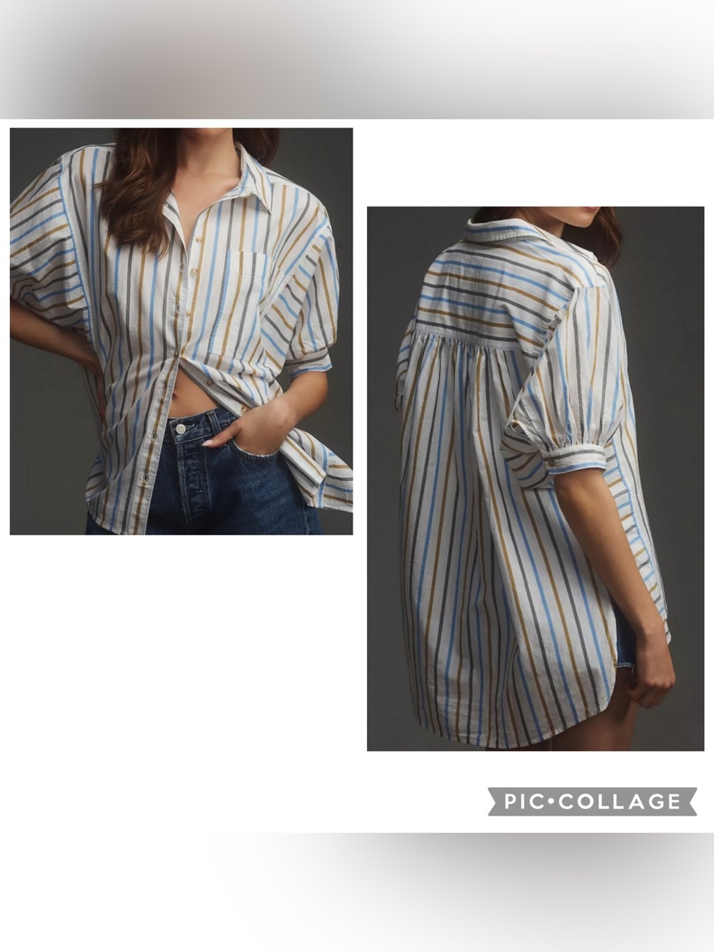 PILCRO ANTHROPOLOGIE Women’s White Blue Beige Stripe PAINTER Button Up Top Sz S.